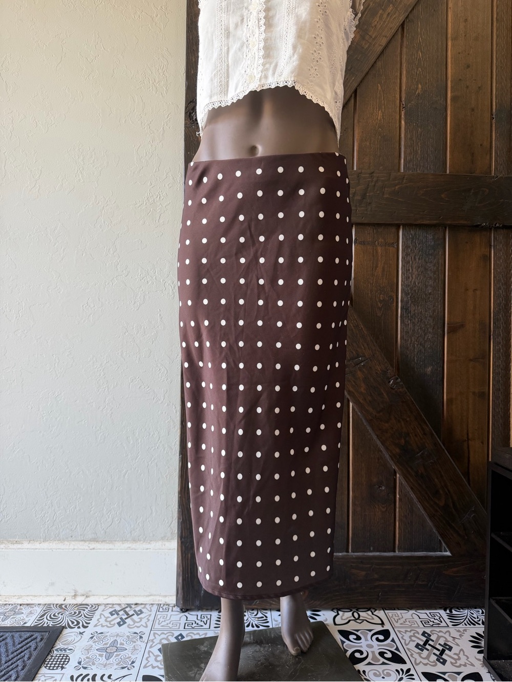 Express XS Brown Polka Dot Stretch Midi Skirt 90s Y2K Vintage Inspired Fall